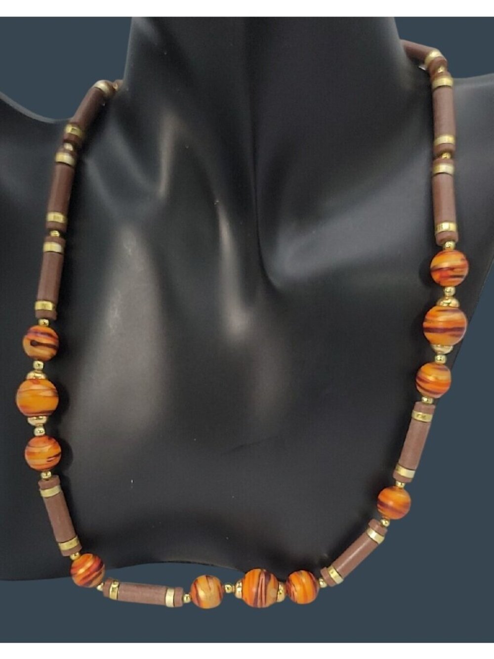 Vintage Brown Orange & Gold Wood & Lucite Cylinder Bead Necklace Boho Style 19"